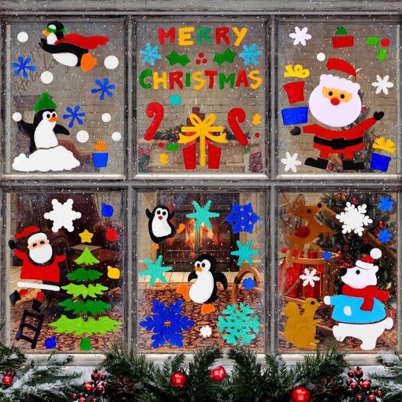 6pcs Christmas Gel Window Clings - Xmas Santa Claus Snowman Snowflake Penguin Ch - Picture 2 of 7